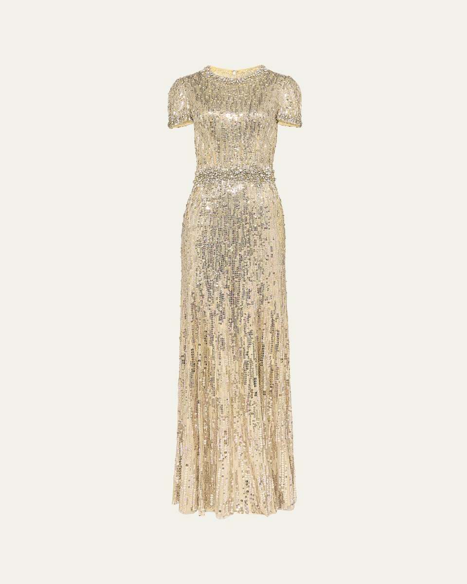 Celeste Short-Sleeve Crystal Sequined Gown